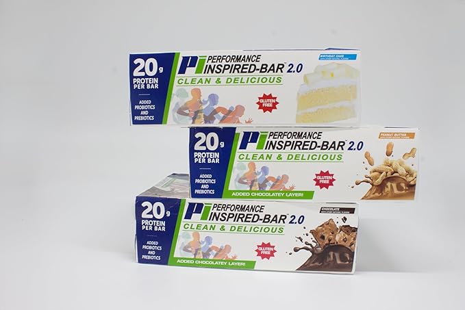 Performance Inspired Nutrition Protein Bar 2.0 Mixed Box – 12 Bars (4 Chocolate 4 Peanut Butter 4 Birthday Cake) – 20G Protein 6G Fiber 4G MCTs 1 Billion CFU Probiotics – Gluten-Free