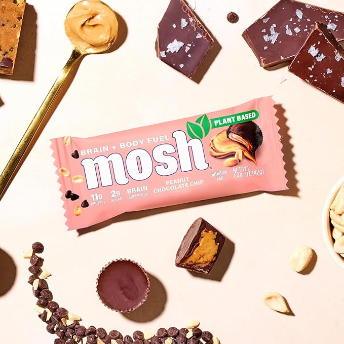 MOSH Peanut Chocolate Chip Vegan Protein Bars Plant Based Keto Gluten Free Brain Healthy Snack with Cognizin Ashwagandha and Lion's Mane 12 Count