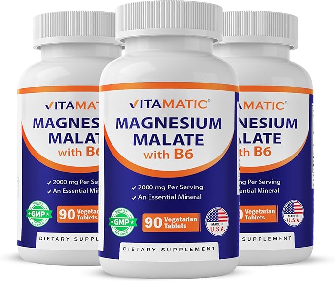Vitamatic Magnesium Malate 2000mg per Serving - 90 Vegetarian Tablets - Added B6 for Maximum Absorption - Supports Muscle Joint and Heart Health* (3 Bottles Unflavored)