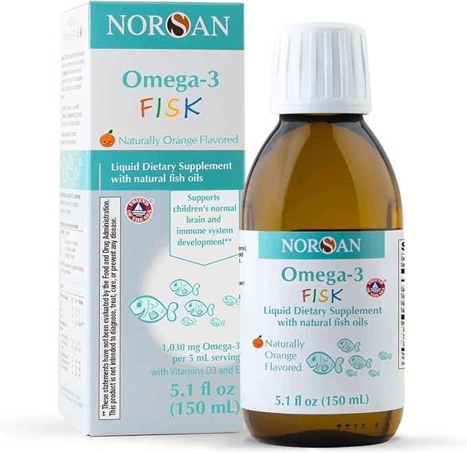 NORSAN Omega-3 Fisk Kids Liquid Fish Oil - High Dose 1030 mg Omega-3 per Serving | Easy to Consume and Without Unpleasant Regurgitation | Supports Heart Brain &amp Vision*