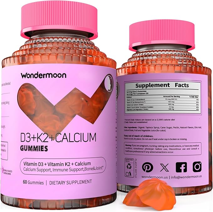 Wondermoon Vitamin D3 K2 Gummies for Women with Calcium &amp Magnesium – Supports Bone Teeth &amp Muscle Function – Daily Wellness Support – Orange Flavor 60 Count