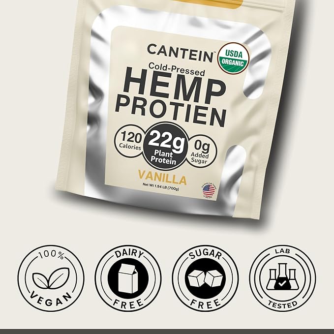 Organic Plant-Based Protein Powder - 100% Hemp Protein Vegan Shake Mix - Lactose Dairy &amp Gluten Free Clean Natural Vanilla (20 Servings)