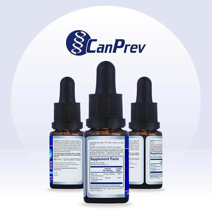 CanPrev D3 &amp K2 Drops - MCT Oil Base 15ml Liquid Vitamin Supplement 450 Drops with 250IU D3 &amp 30mcg MK-7 K2 Supports Strong Bones &amp Teeth Easy-to-Take Formula Free from Gluten Dairy