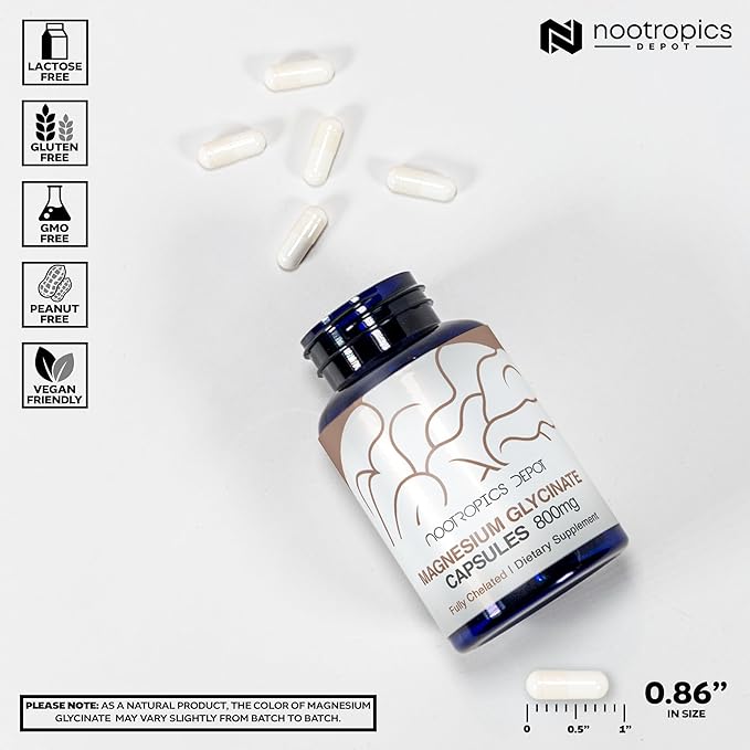 Nootropics Depot Magnesium Glycinate Capsules | 180 Count | Mineral Supplement | Magnesium Supplement | Supports Heart Muscle Nerve and Bone Health