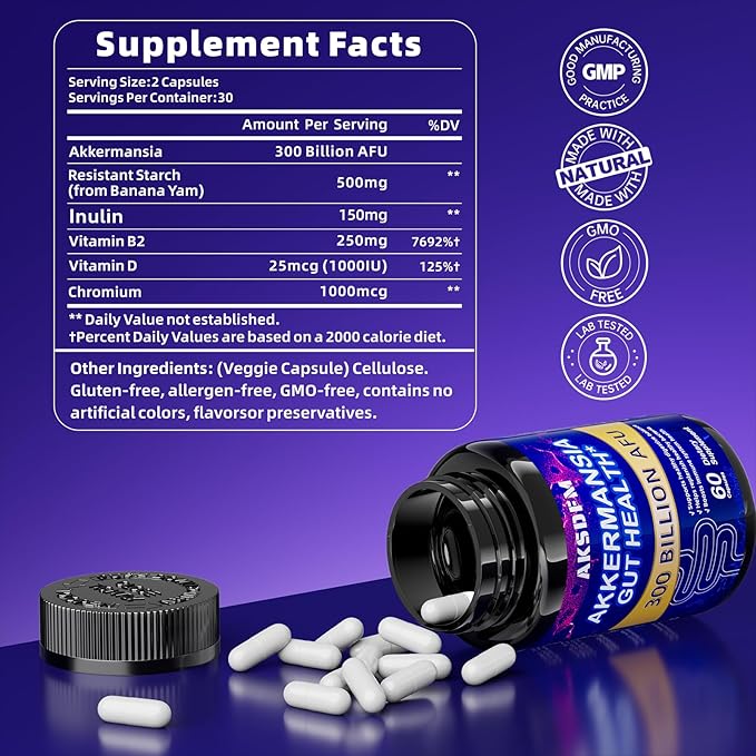 GLP-1 Supplement - 300 Billion AFU Akkermansia Probiotic for Women &amp Men Akkermansia Muciniphila for GLP-1 Production Digestive Gut Immunity Enhances Gut Lining Function - 60 Count