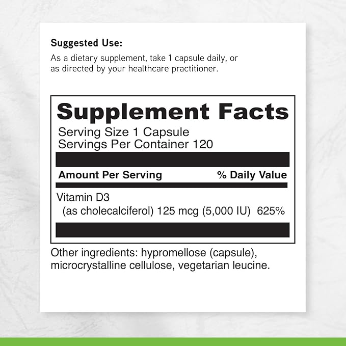 DAVINCI Labs Vitamin D3 5000 IU - Dietary Supplement to Support Healthy Teeth and Bones Cardiovascular Function and Immune Health* - with 5000 IU per Serving - Gluten-Free - 120 Capsules