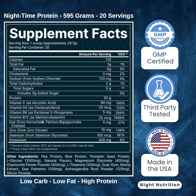 Night Time Protein Powder Vanilla Flavored Zero Sugar Low Calorie Artificial Free Promotes Sleep Quality &amp Muscle Recovery