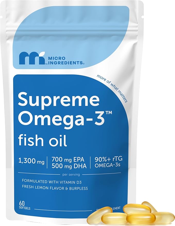 Micro Ingredients Supreme Omega-3 Fish Oil w/Ultra High EPA &amp DHA Burpless Softgels | rTG Omega-3 with Vitamin D3 | Wild-Caught Cold Deep-Sea Water | Lemon Flavor Easy to Swallow 60ct