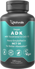 Naturalis Vegan Vitamin ADK with 50mg Tocotrienol and CoQ-10 | Nano-Emulsified in EVOO for Better Absoprtion | Non-GMO Soy Free and Vegan Society Certified | 180 Veggie Softgels (Carrageenan Free)