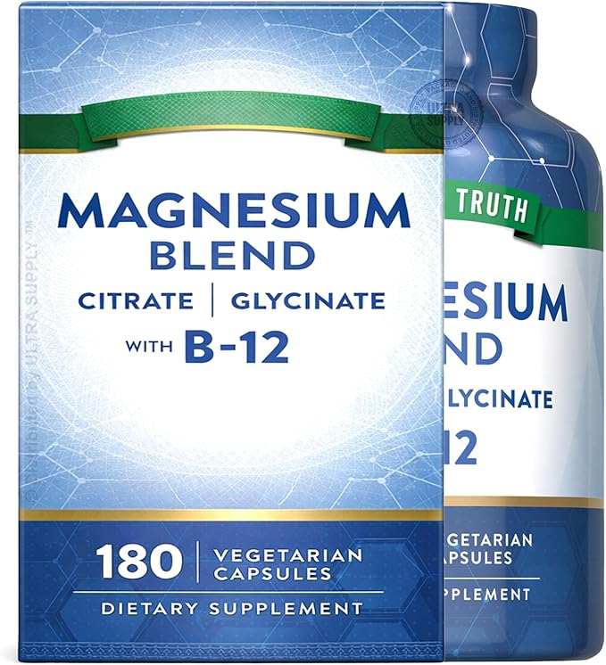 Nature Truths Magnesium Blend 250 mg 180 Count Vegetarian Capsules - Magnesium Citrate Glycinate &amp Aspartate Plus Vitamin B-12 Non-GMO Gluten-Free