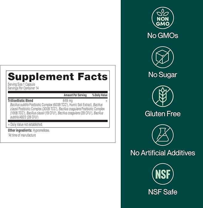 Probiotic Trillion – 1 Trillion CFU with Prebiotics Probiotics Parabiotics &amp Postbiotics – Bacillus Subtilis AB-22 – Gut Health Immune Support Glyphosate Detox – 30 Day Supply