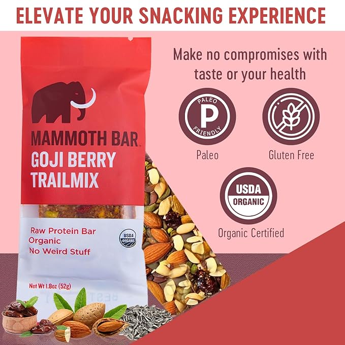 Mammoth Bar 20 pack saver bundle - 10 Macadamia Coconut &amp 10 Goji Berry Trail Mix Bars -Organic Protein Bars – Prebiotic • Gluten Free • Egg Protein • GMO Free • Raw • Premium Nuts