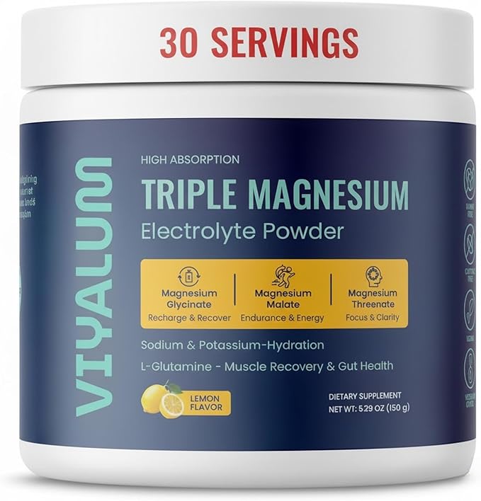 Triple Magnesium Electrolyte Powder | 250 mg High Absorption Magnesium Glycinate Malate &amp Threonate | Sodium &amp Potassium Hydration Mix with L-Glutamine | Zero Sugar | 30 Servings (Lemon)