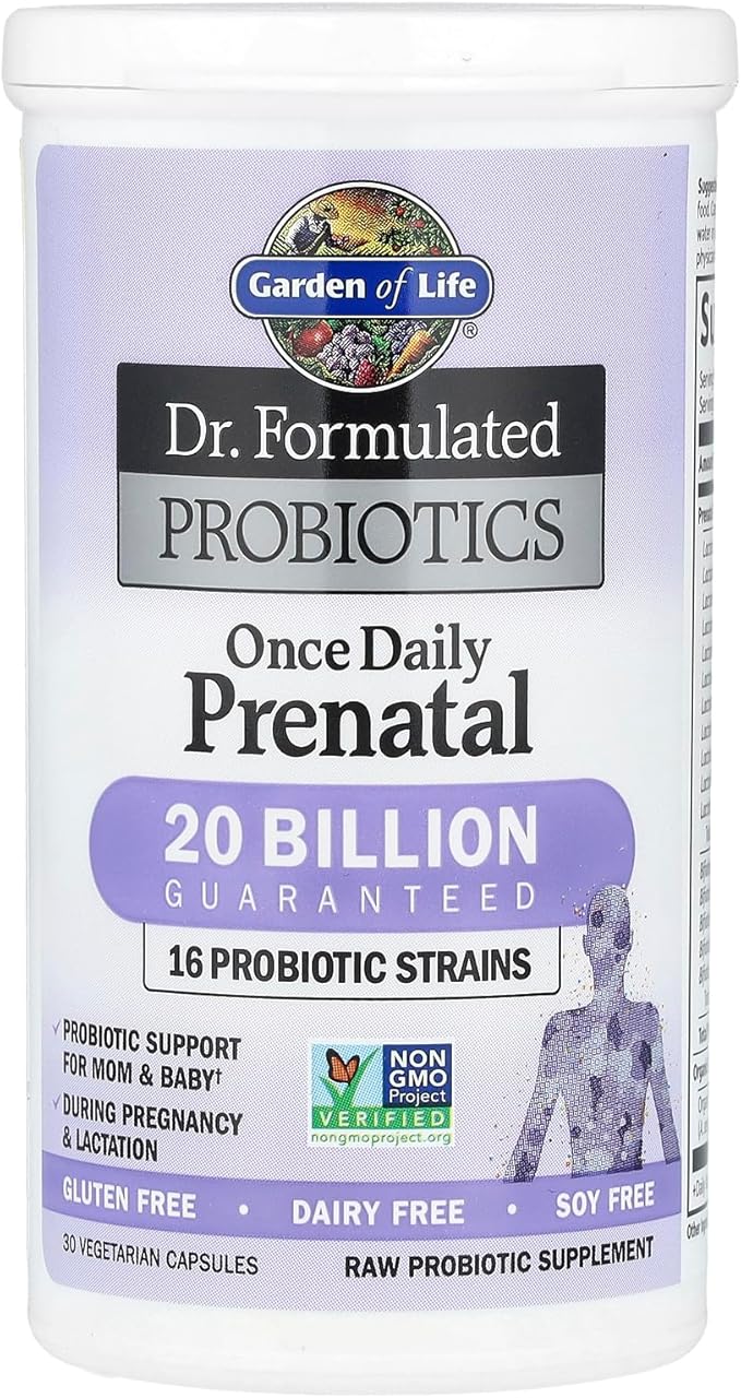 Garden of Life Dr. Formulated Probiotics Once Daily Prenatal - Acidophilus and Bifidobacteria Probiotic Support for Mom and Baby – Shelf Stable - Gluten Dairy and Soy-Free - 30 Vegetarian Capsules