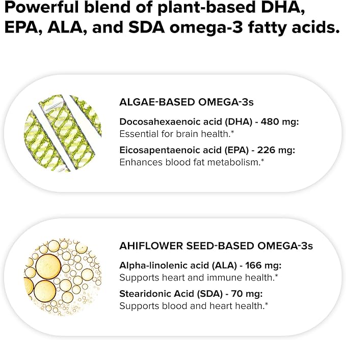 Vegan Omega 3 Supplement- 960mg Omega-3 Fatty Acids DHA EPA SDA ALA Supplement - Immune Support- 30 Servings 60 Liquid Capsules
