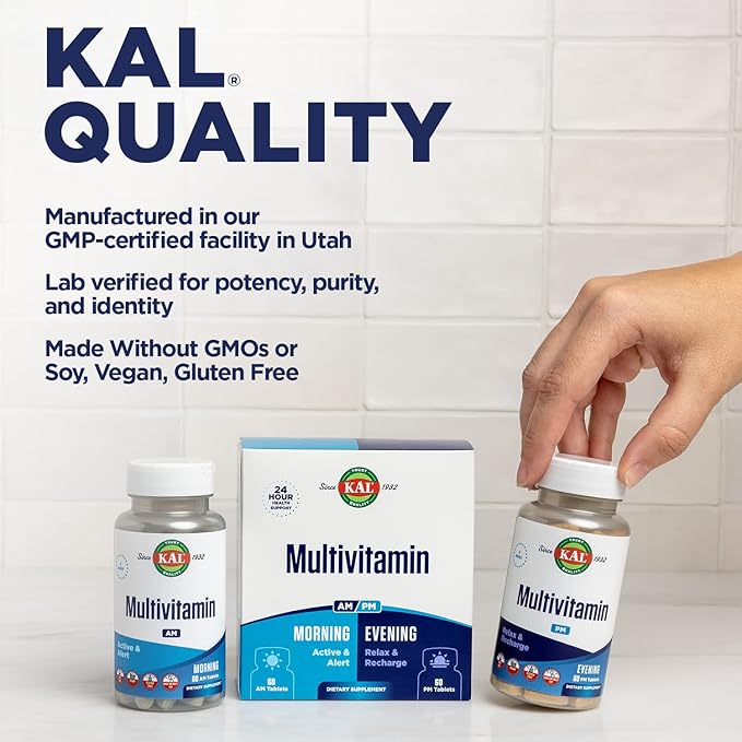 KAL Multivitamin AM/PM 2-in-1 Womens and Mens Multivitamins Supplements Turmeric Tart Cherry Organic Matcha and Spirulina for Immuneand Cellular Support Gluten Free 30 Servings 120 Tablets