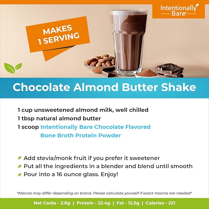Intentionally Bare Bone Broth Protein Powder Chocolate - Grass Fed Protein Powder with Multi Collagen Peptides Type 1 2 and 3 - Dairy Free Bone Broth Powder for Skin Gut and Joint - 20 Servings