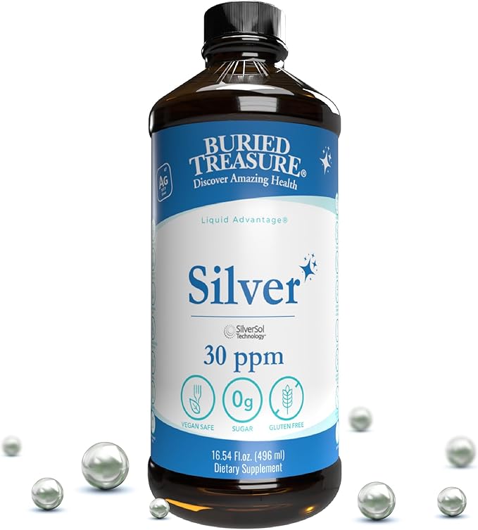 Buried Treasure Purified Silver Liquid 30 PPM - 16 oz. 96 Servings Non-Accumulative Nano Silver Solution Spray &amp Dietary Immune Supplement
