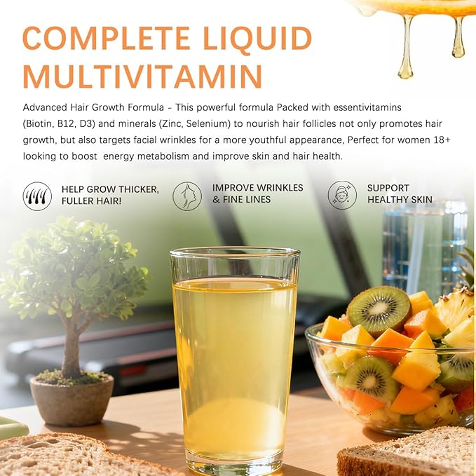 Hair Growth Liquid Multivitamin | Biotin for Hair Growth Supplement | Clinically Tested in Women for Thicker Hair &amp Facial Wrinkle | Skin Care | Ages 18+ | 8.11 Fl Oz