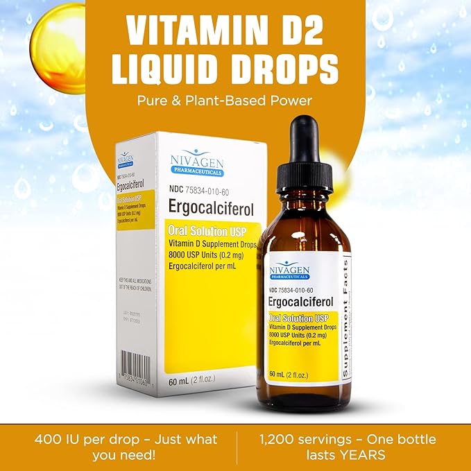 Nivagen Vitamin D2 Liquid Drops 8000 USP (Ergocalciferol) | 400 IU per Serving | 2 Drops Once Daily | 1200 Servings 60ml (2 fl. oz) | Faster Absorption | Bone Muscle &amp Immune Support | Made in