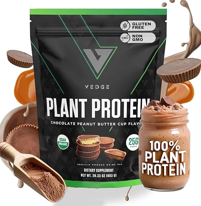 VEDGE Vegan Protein Powder - Plant Protein Powder with Pea Pumpkin &amp Sunflower - USDA Organic Amino Acids Dairy Free Gluten Free Soy Free Keto Non GMO - Peanut Butter Cup - 20 Servings