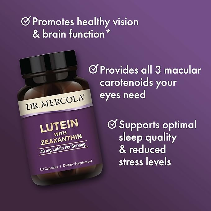 Dr. Mercola Lutein with Zeaxanthin - Supports Eye &amp Brain Health - Macular Carotenoids from Marigold Flower Extract - Non-GMO Gluten-Free &amp Soy-Free - 30 Capsules (30 Servings)