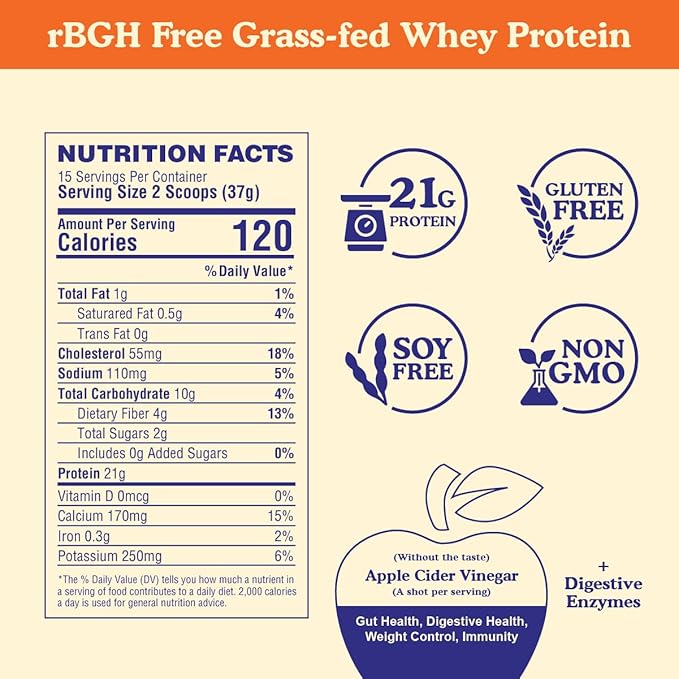BBfL Grass-Fed Whey Protein Shake – 21g rBGH-Free Protein Vanilla Bean + Apple Cider Vinegar Prebiotics Digestive Enzymes Supports Gut Health – All-in-One Shake for Women &amp Men (15 Servings V