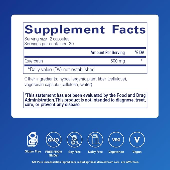Pure Encapsulations Quercetin - 500 mg - Immune Support Cellular Health &amp Heart Health - Antioxidant Supplement - Gluten Free &amp Non-GMO - 60 Capsules