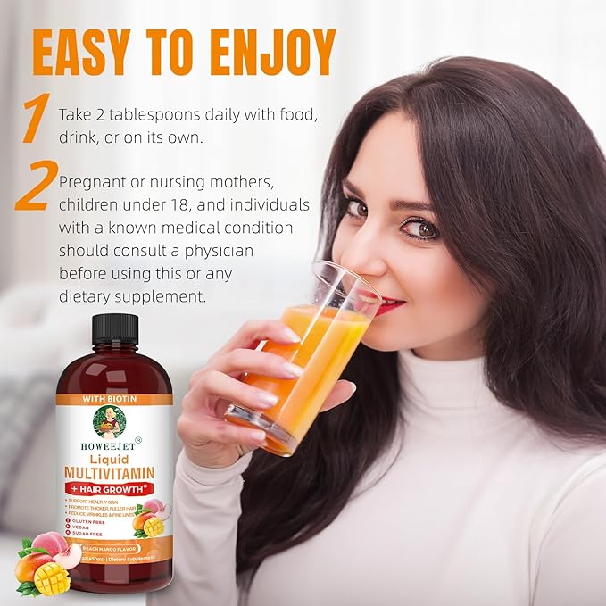 Liquid Multivitamin for Hair Growth &amp Hair Formula Bundle | Healthy Hair Habits | Clinically Tested for Thicker Hair &amp Skin Elasticity for Women | Peach Mango Flavor &amp Blueberry Pomegranat