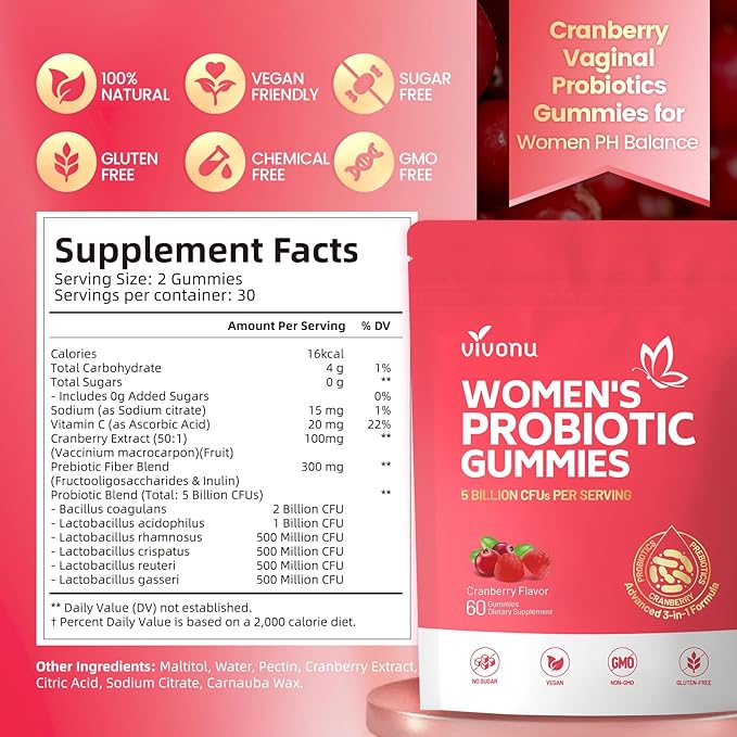 VivoNu Viginal Probiotics for Women Women Probiotic Gummies Feminine Balance Gummies Prebiotic Gummy Cranberry Probiotics for Woman Vaginigal Health Yeast Ph Balance| 60 Gummies