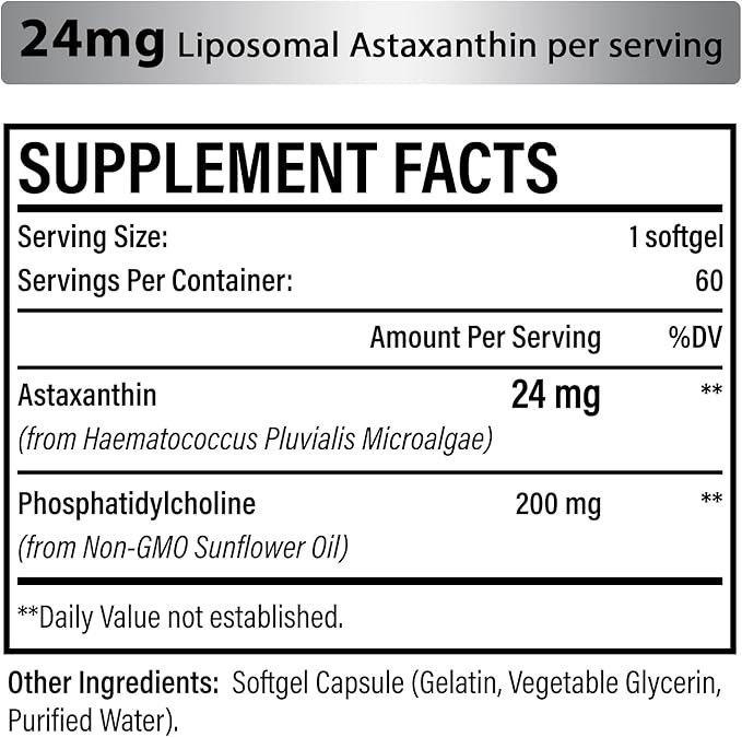 Liposomal Astaxanthin Supplement 24 MG Maximum Absorption Antioxidant Stronger Than VIT C Non-GMO &amp Gluten Free - 60 Softgels(2 Months Supply)