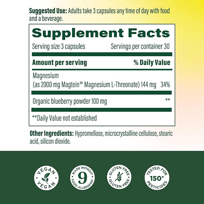 MegaFood Magtein Magnesium L-Threonate - Magnesium Supplement 2000mg Per Serving - Supports Short-Term Memory Focus Alertness &amp Normal Sleep Cycles - Vegan Gluten Free - 90 Capsules 30 Serving