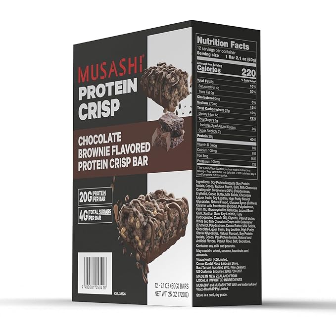 MUSASHI Protein Crisp Bar 20g Protein 4g Total Sugars Chocolate Brownie Post Workout and Snack On The Go 12 Pack of 2.1oz (60g) Bars