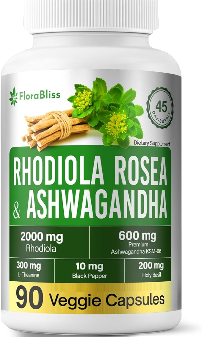 FloraBliss Rhodiola Rosea with Ashwagandha KSM-66 L-Theanine Holy Basil &amp BioPerine - 90 High Potency Vegan Capsules - 45-Day Supply - No Artificial Additives