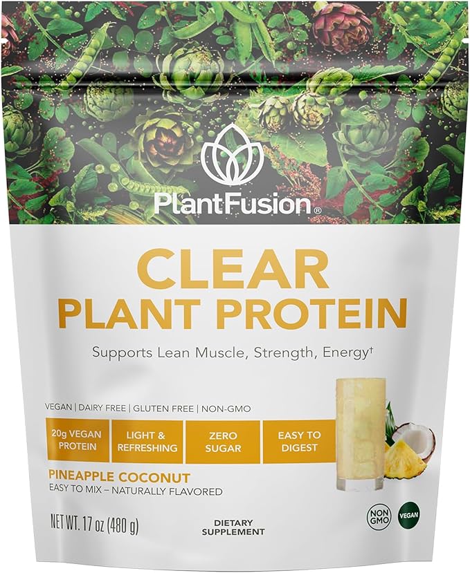 PlantFusion Clear Protein Powder with Pea Protein Peptides - 20g Fast-Absorbing in Water 90 Calories Zero Sugar Premium Alternative to Clear Whey - Pineapple Coconut - 16 oz