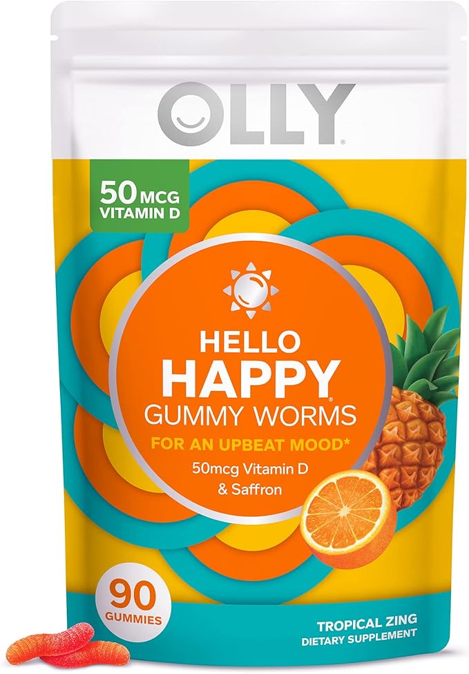 OLLY Hello Happy Gummy Worms Mood Balance Support Vitamin D Saffron Adult Chewable Supplement &amp Metabolism Gummy Rings Apple Cider Vinegar Vitamin B12 Chromium Energy and Digestive Health