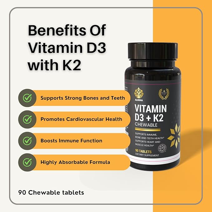 Halal Vitamin D3 + K2 Chewable – Bone &amp Immune Health Support with MK-7 for Heart &amp Muscle Wellness | 90 Tablets – Halal Certified Made in USA