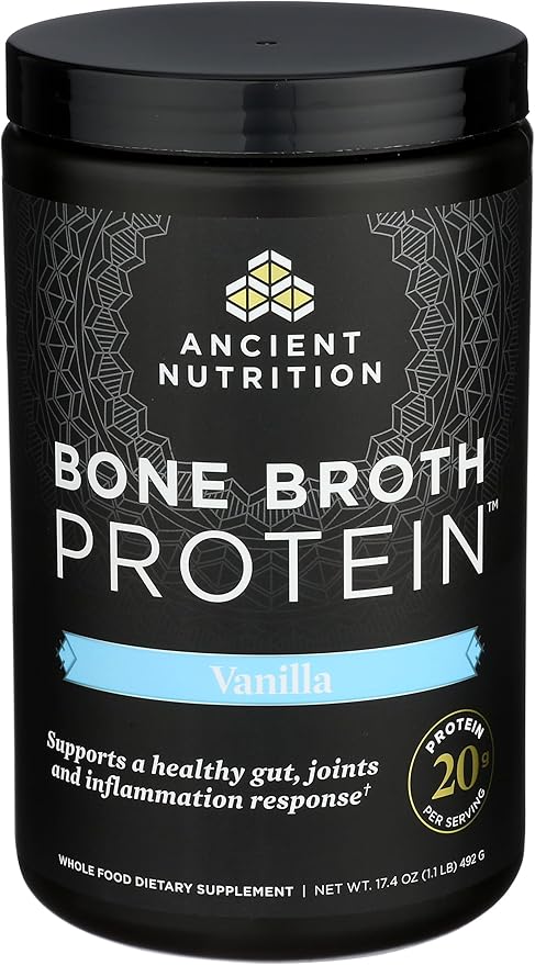 Ancient Nutrition Grass Fed Cage Free Bone Broth Protein Powder 20g Protein Hydrolyzed Collagen Peptides Keto &amp Paleo Friendly Supports Joint Gut Health Vanilla 20 Servings