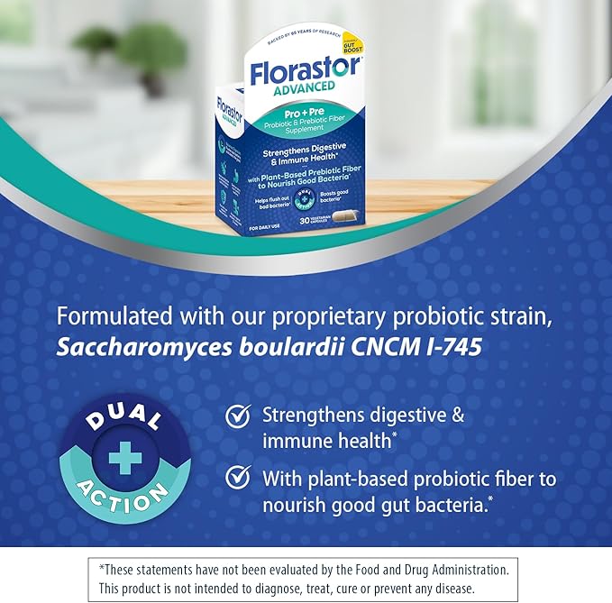 Florastor Select Pro+Pre Daily Probiotic and Prebiotic Supplement for Women and Men Boosts Good Bacteria Saccharomyces Boulardii CNCM I-745 (30 Capsules) (Pack of 1)