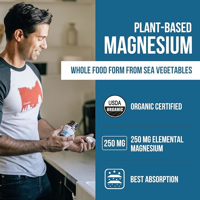 Organic Whole Food Magnesium Supplement - Plant-Based Organic Sea Vegetable Complex - 250 mg Per Serving | Water Extracted | Gentle on Stomach | Supports Energy Sleep Muscle Heart - 60 Capsules