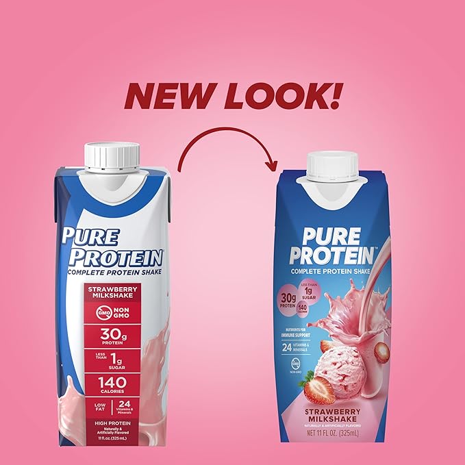 Pure Protein Strawberry and Vanilla Protein Shakes 30g Complete Protein 11oz Bottles 12 Pack Bundle
