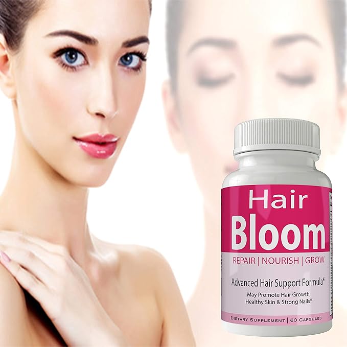 Hair Bloom Hair Growth Pills Skin and Nails Supplement - Advanced Unique Hair Growth Vitamins and Minerals with Biotin - Gluten Free 60 Capsules