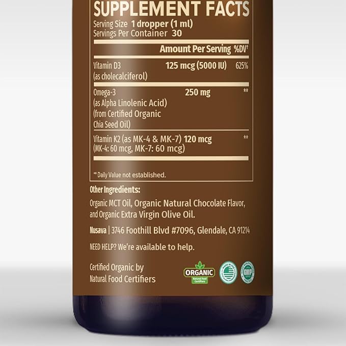 (2 Pack) Organic Vitamin D3 K2 Drops with MCT Oil Omega 3 5000 IU Maximum Strength Vitamin D Liquid No Fillers Non-GMO Liquid D3 for Faster Absorption and Immune Support (Chocolate 2 Fl Oz)