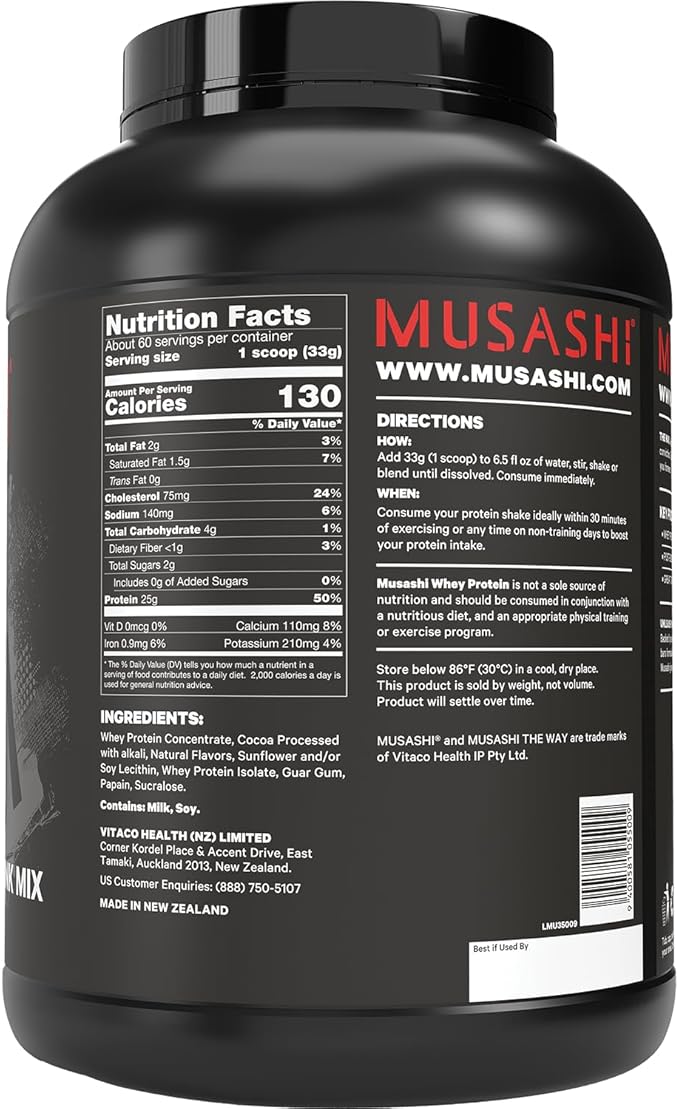 MUSASHI Whey Protein Vanilla Powder 2kg Tub 4.4 Pounds