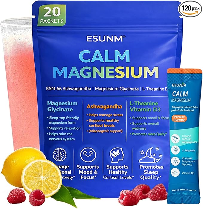 ESUNM Calm Magnesium Drink Mix Packets Magnesium Glycinate with KSM-66 Ashwagandha L-Theanine GABA Saffron &amp Vitamin D3 Relaxation Mood &amp Sleep Support Raspberry Lemonade 20 Stick Pack