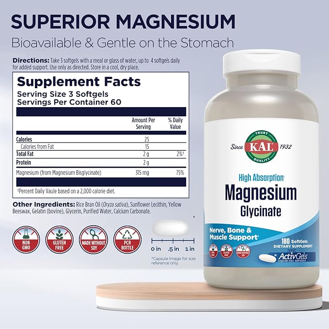 KAL Magnesium Glycinate ActivGels 315mg Fully Chelated High Absorption Magnesium Supplement for Relaxation Muscle &amp Bone Support Non-GMO Gluten Free 60 Servings 180 Softgels