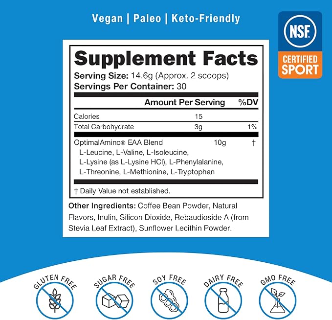 OptimalAmino Amino Acid Powder | 99% Utilized Essential Amino Acid (EAA) Supplement | Pre/Post Workout &amp Muscle Recovery | NSF for Sport Certified | Iced Coffee Flavor