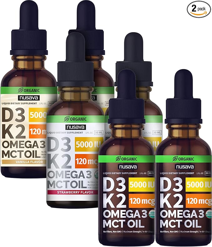 NUSAVA Unflavored Strawberry Flavored &amp Vanilla Flavored D3 K2 Liquid Drops Bundle - Potent Liquid Vitamins for Heart Joint Bone Muscle &amp Immune Support - Non-GMO Gluten-Free 2pk Each