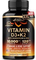Vitamin D3 K2 - Vitamin D3 10000 iu &amp K2 as MK-7 120 mcg - Immune &amp Mood Support for Bone &amp Teeth Health - with Magnesium Zinc &amp Vitamin C &amp B12 - Highly Bioavailable - Made in U
