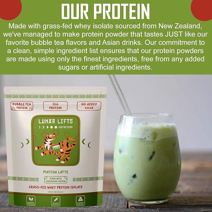Lunar Lifts Nutrition Matcha Latte - Boba Tea Protein Powder | 26g Whey Protein Isolate Matcha Powder | Ceremonial-Grade Matcha Bubble Tea Protein Powder | No Added Sugar &amp Artificial Ingredients